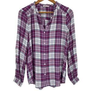 BEACHLUNCHLOUNGE 100% Rayon Button Down Tunic Blouse Plaid Purple Size Small